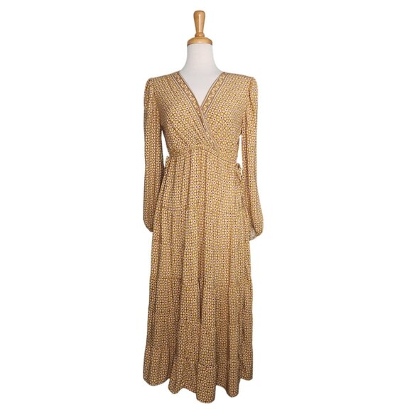 Max Studio Yellow 3/4 Sleeve Surplice Neck Midi Dress Womens M Boho Indie - Picture 1 of 9